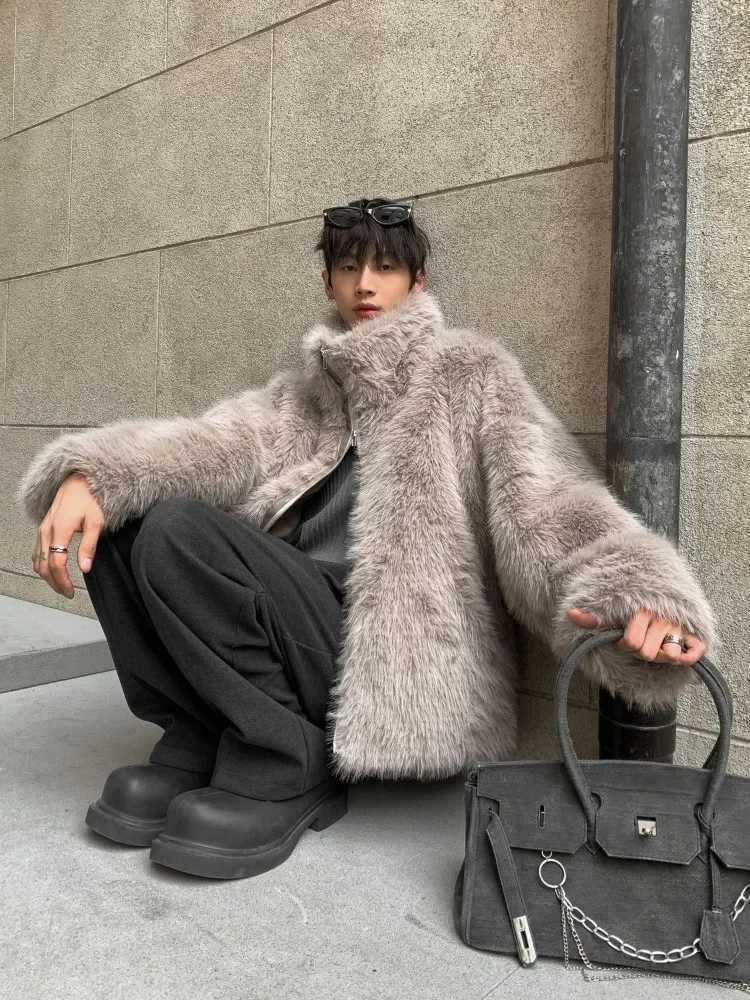 New Korean Fashionable Gray Environmentally Friendly Fur Jacket Men Winter Stand-up Collar Streetwear Fur One Imitation Fur CoatXJ241102