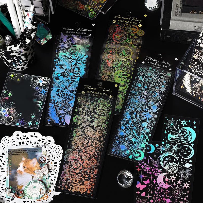 MOHAMM 3 2025 Sheets PET Waterproof Bronzing Hot Sier Decorative Stickers new for Scrapbooking DIY Collage Material