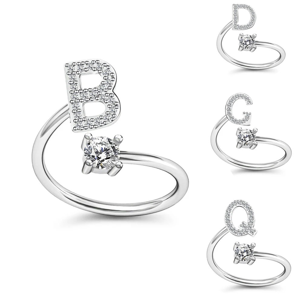 A-Z Letter 2025 Adjustable Opening Rings For Women Alphabet Name Initials Ring new Crystal Rings Bridesmaid Wedding Gift