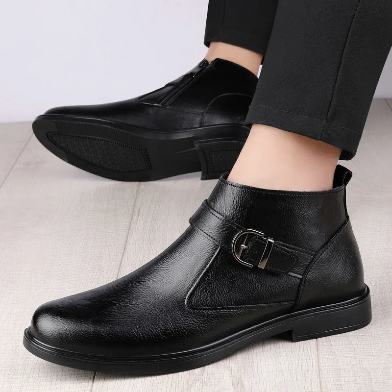 Winter plush warm black Chelsea mens boots business formal high-end leather shoes British style low boots casual wedding shoes 241031