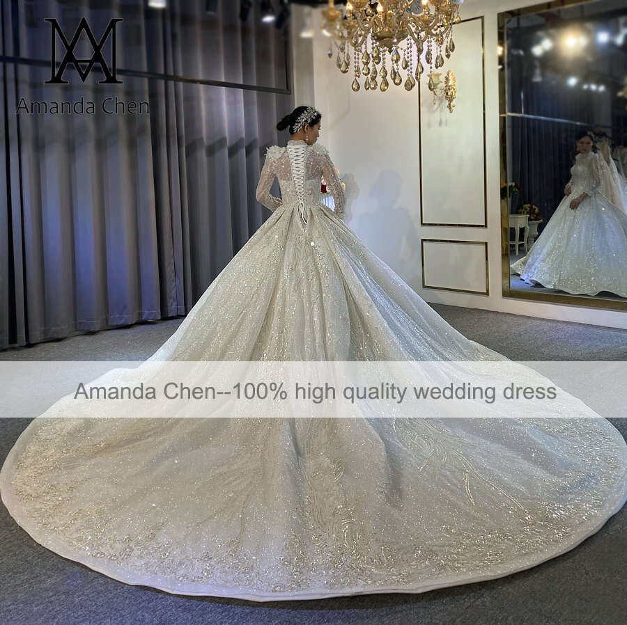 Neck High Long Sleeve Lace Appliqued A E Wedding Dress