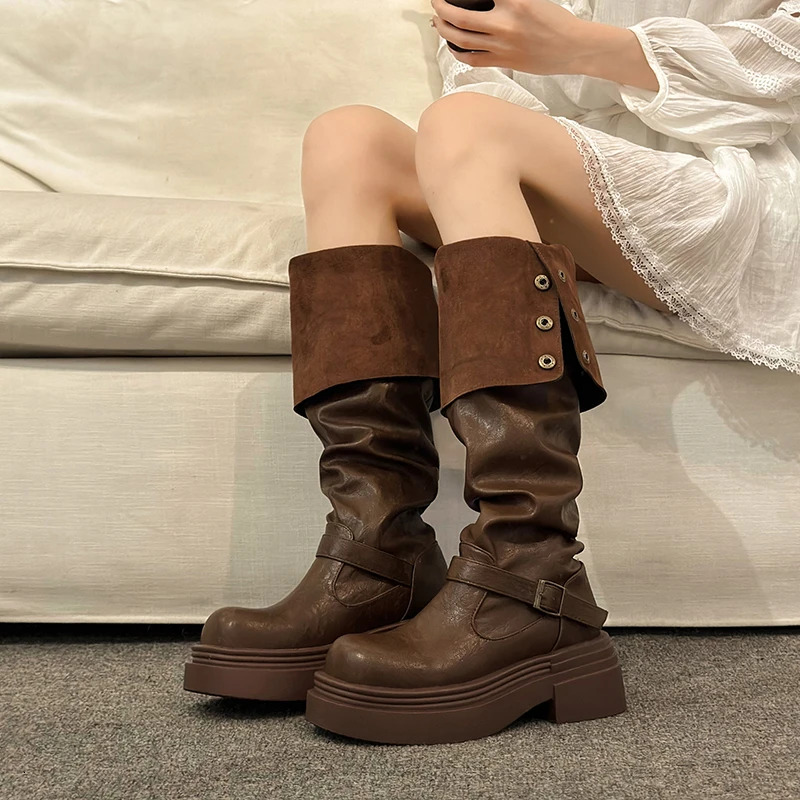 Autumn Winter Platform Women Knee High Boots Fashion Slip On Shoes Punk Style Plaform Heels Long Booties
