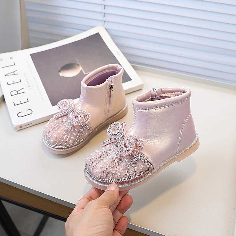 Spring and Autumn Childrens Fashion Princess Ankle Boots Sweet Bow Girls Boots Luxury Rhinestone Childrens Boots New M241102