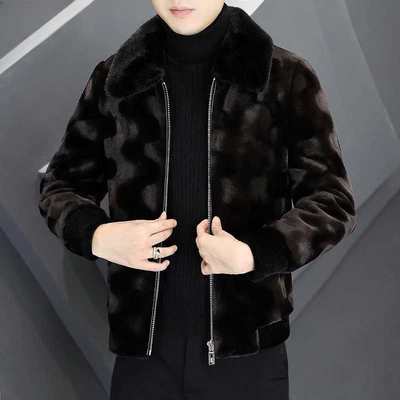 Winter Men High-End Mink Fur Coat Male Fashion Polo Collar Thicken Warm Leather Fur Outcoat Casual Large Size Pure Color OutwearXJ241102