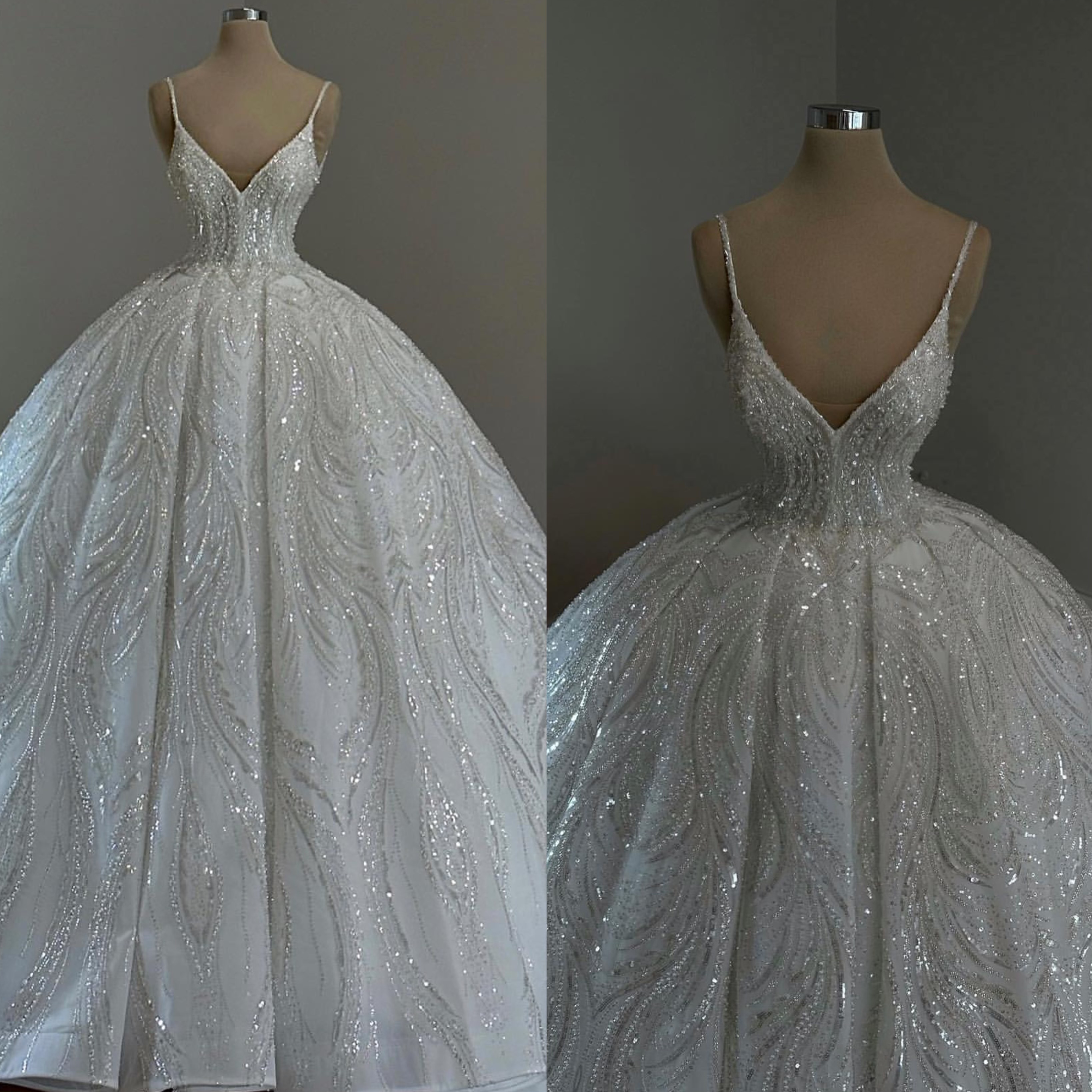 Crystal Ball Princess Gown Dress For Bride Spaghetti V Neck Wedding Dresses Sweep Train Ruffle Designer Bridal Gowns es s