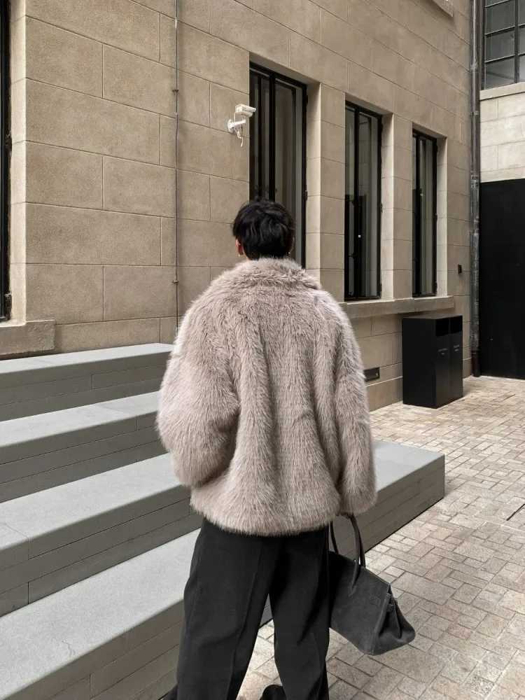 New Korean Fashionable Gray Environmentally Friendly Fur Jacket Men Winter Stand-up Collar Streetwear Fur One Imitation Fur CoatXJ241102