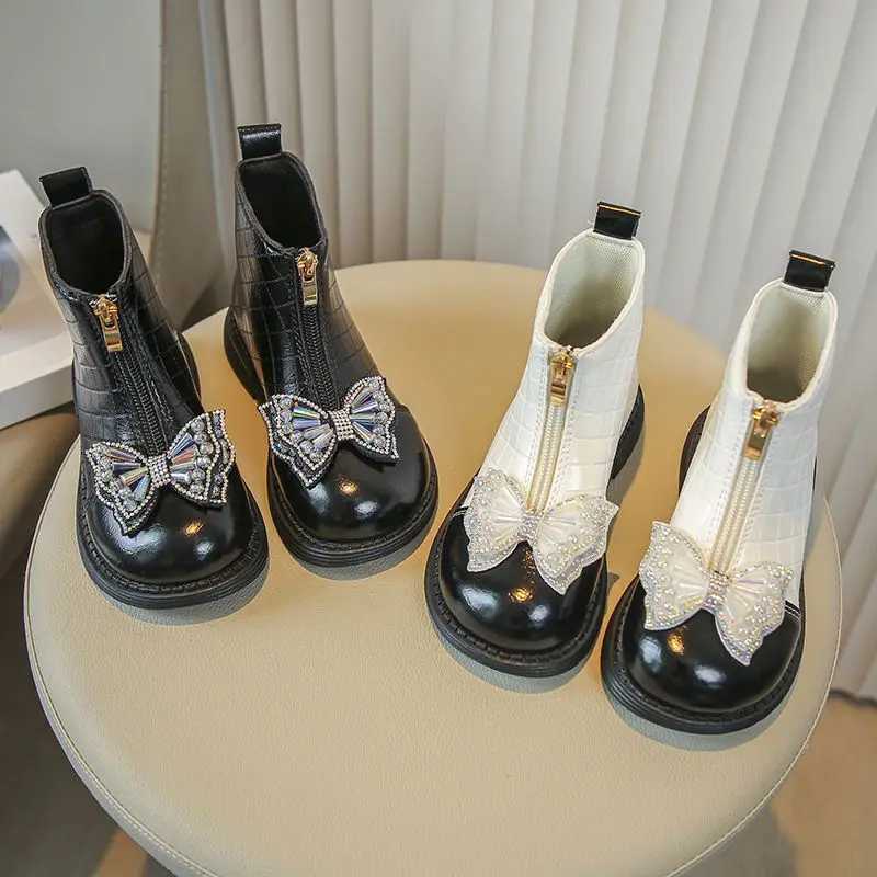Crystal Bow Girls Fashion Boots Zipper PU Leather Patch Work Childrens Ankle Shoes Princess Soft Bottom Childrens Short Boots M241102