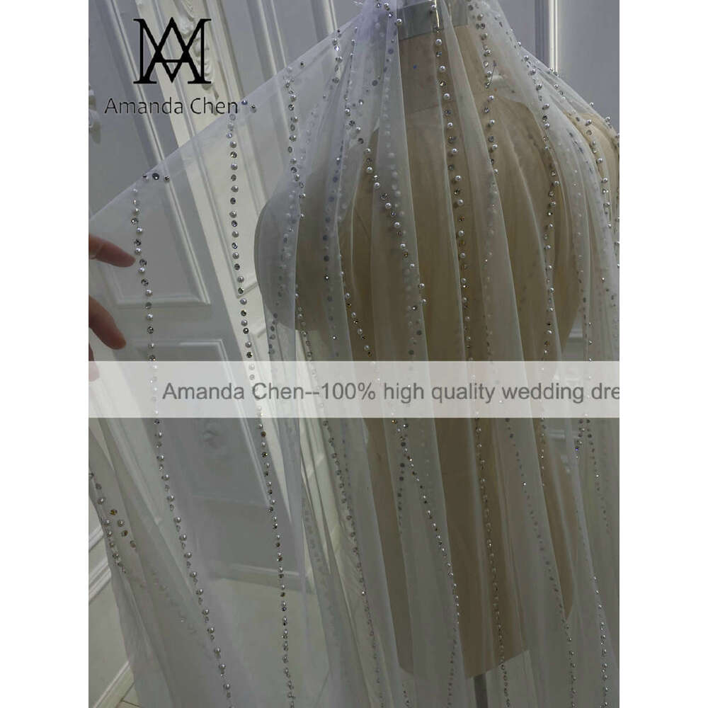 Amanda Design One Layer Pearls Crystal Tulle Veil