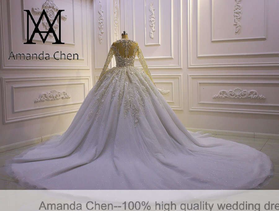 vestidos formales Long Sleeve Lace Appliques Rhie Crystal African Wedding Dress