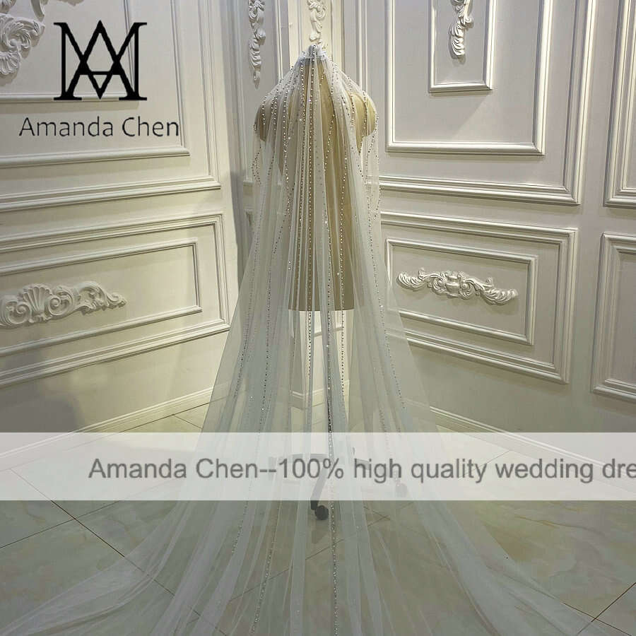 Amanda Design One Layer Pearls Crystal Tulle Veil