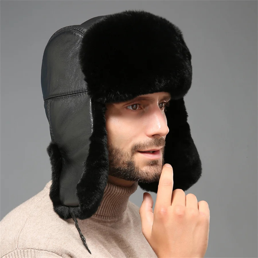 Bomber Hat Mens Thick Womens Warm Russian Ushanka Rex Rabbit Fur Hat Fashion Mens Winter Sheepskin Earrings Ski Hat 241031