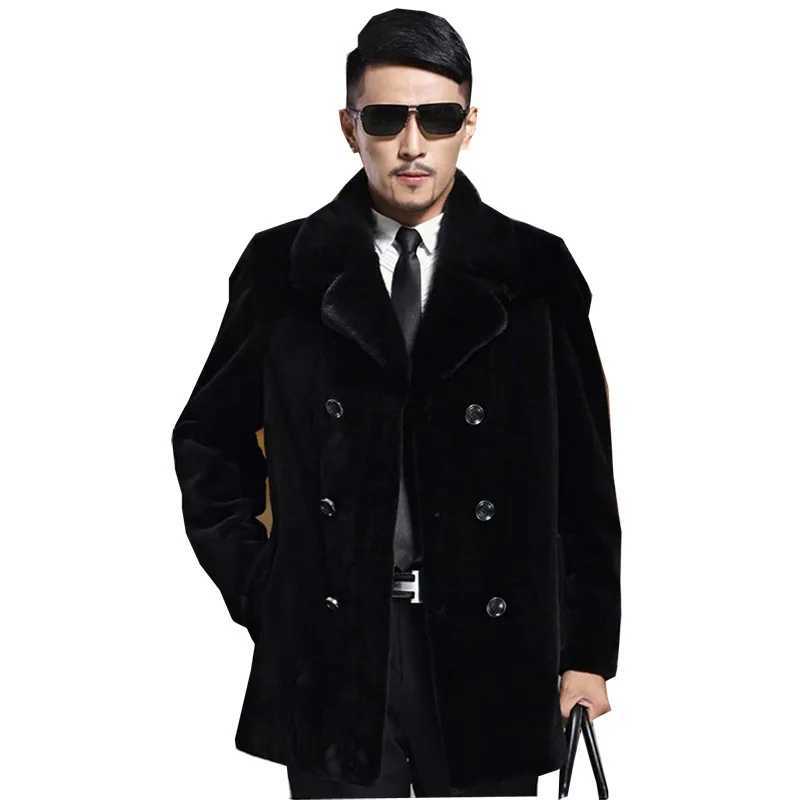 Winter Faux Fur Coat Men Thick Warm Windbreaker Long Sleeve Double-breasted Suit Collar Fur Coat Plus Size Slim Fit JacketXJ241102