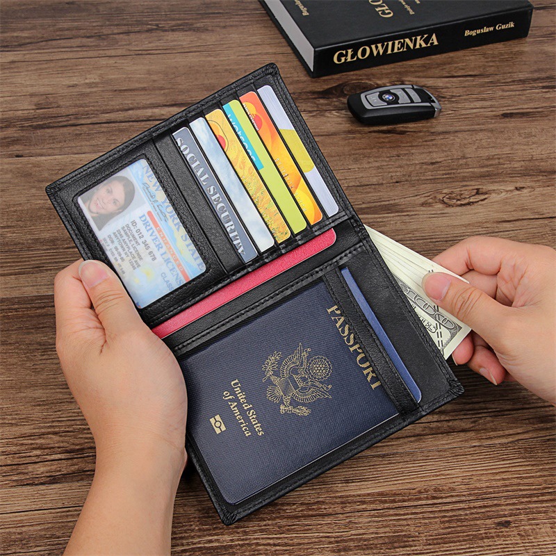 Genuine Leather Men Travel Passport Wallet for Card Design Short Wallets with Passport Holder Male Purse Coin Document Case RFID