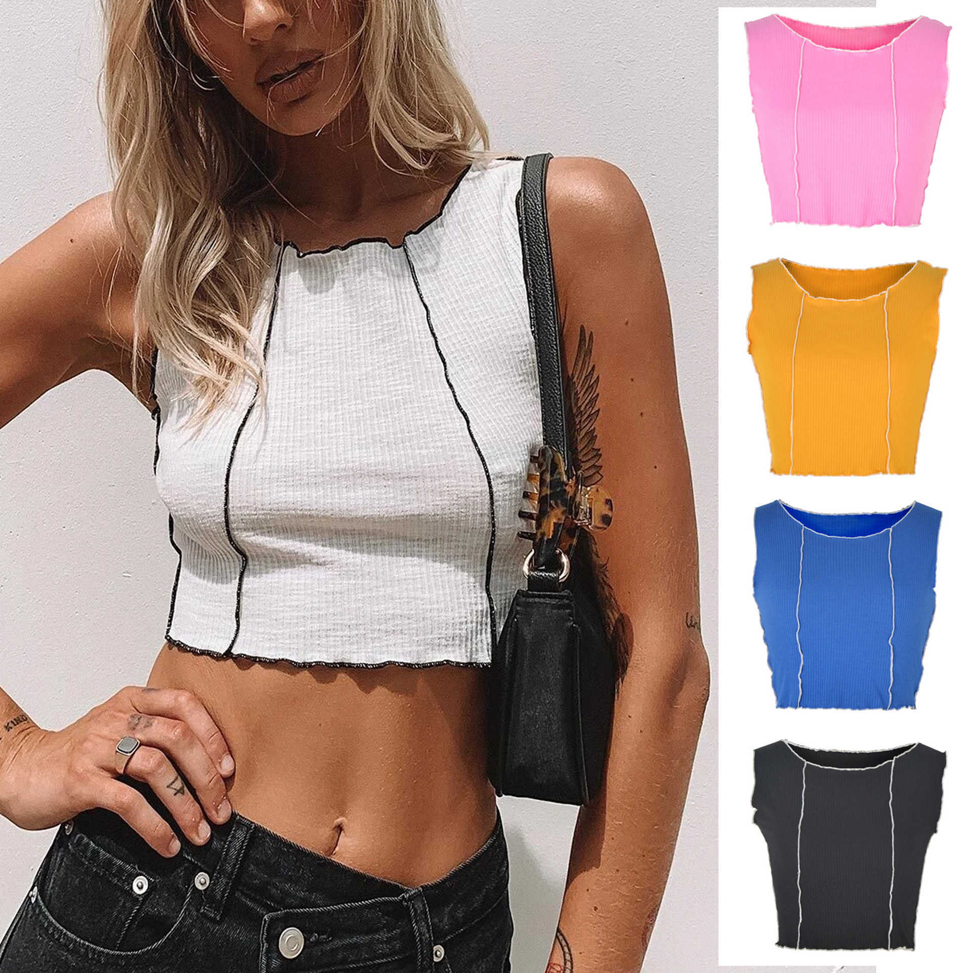 Womens Tshirt Summer Contrast Ladies Shirts Stitching Womens Vest Waistcoat Fashion Round Neck Open Navel Slim Girl 241024