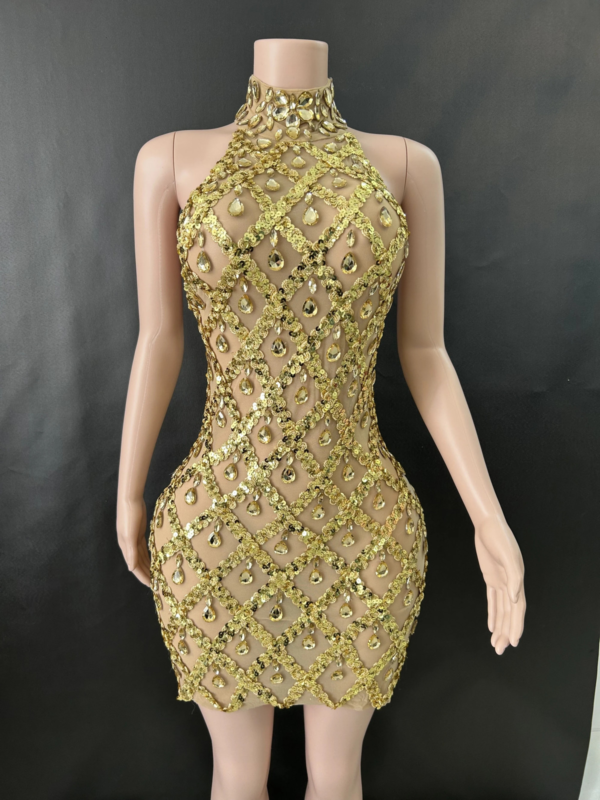 Women Sexy Stage Shining Rhinestone Sequins Dress Evening Prom Birthday Transparent Performance Singer Club Host 7G 240402