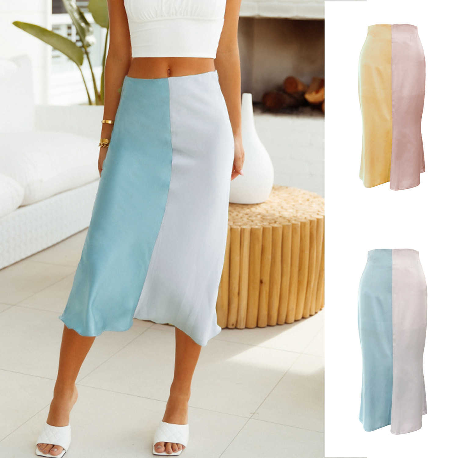 Women Two-tone Color Long Skirt Spring Summer WoMens Fashion Skirt High Waist Zipper Satin Color Matching Dress Length Adult Skirts 241023