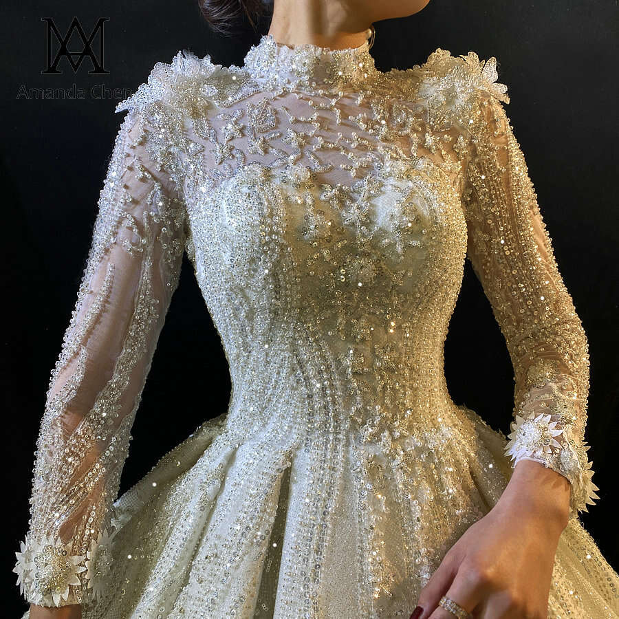 Neck High Long Sleeve Lace Appliqued A E Wedding Dress