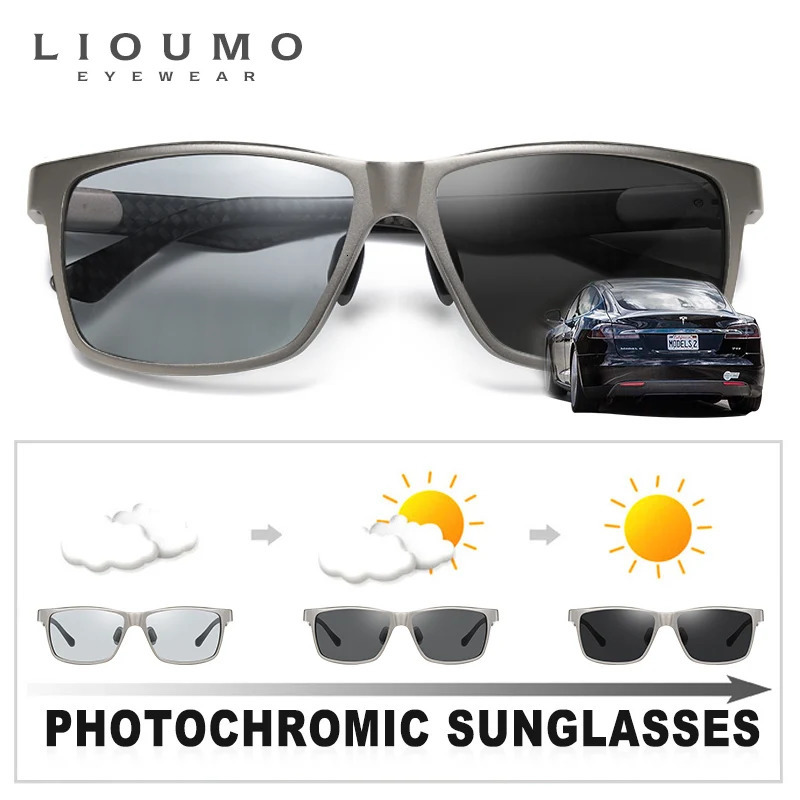 LIOUMO high-quality pochromic polarized sunglasses suitable for men women carbon fiber frames square glasses UV400 lenses 241031