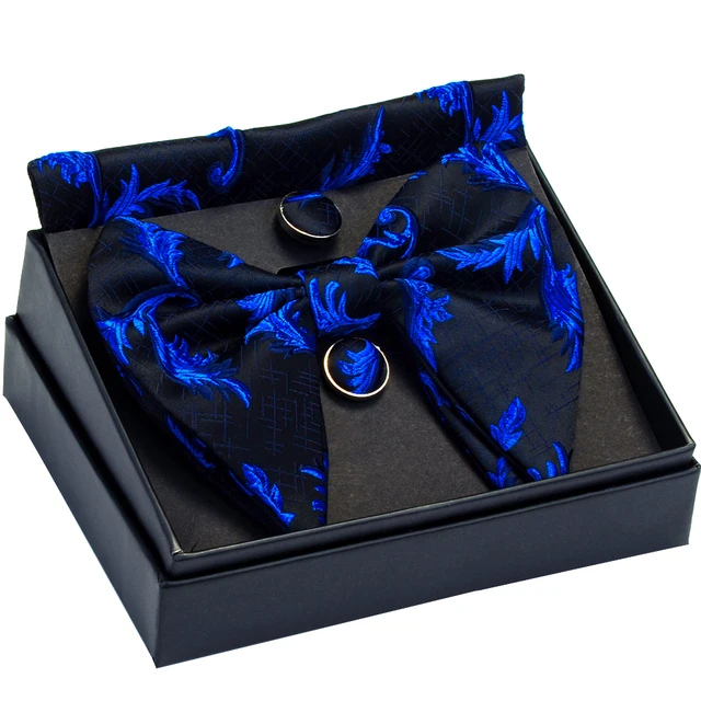 GUSLESON Decorative pattern Big Bow Tie White Black Bowtie Pocket Square Cufflinks Set with Gift Box Wedding Necktie For Man