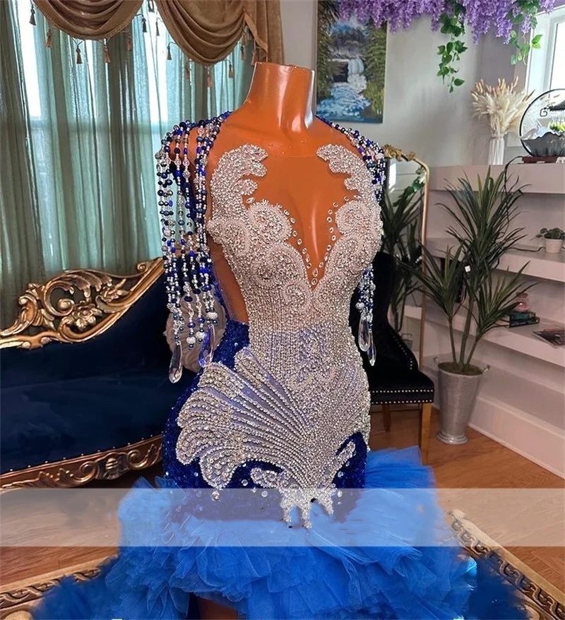 Gorgeous Diamonds Blue Prom Party Dresses For Black Girls Puffy Tiered Ruffle Sparkly Crystal Rhinestones Tassels Birthday Evening Gowns