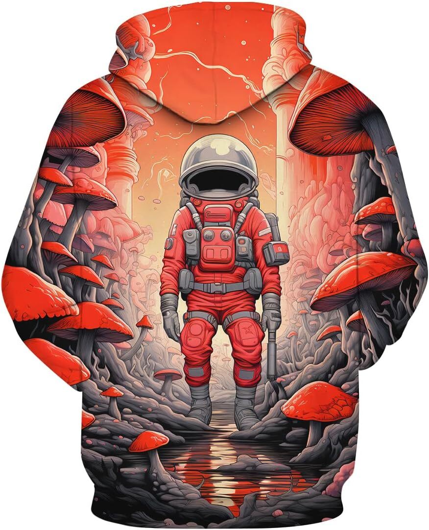 Hoodie for Mens Womens Men Novelty Mushroom Planet Aliens landing on another planet Astronaut Hoodies Hooded Graphic Hoodies sweatshirt Pullover Long 