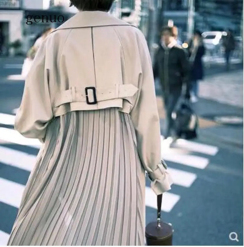 Womens spring Korean fashion pleated trench coat long sleeved knee length windproof coat loose thin Abrigo Mujer 241031