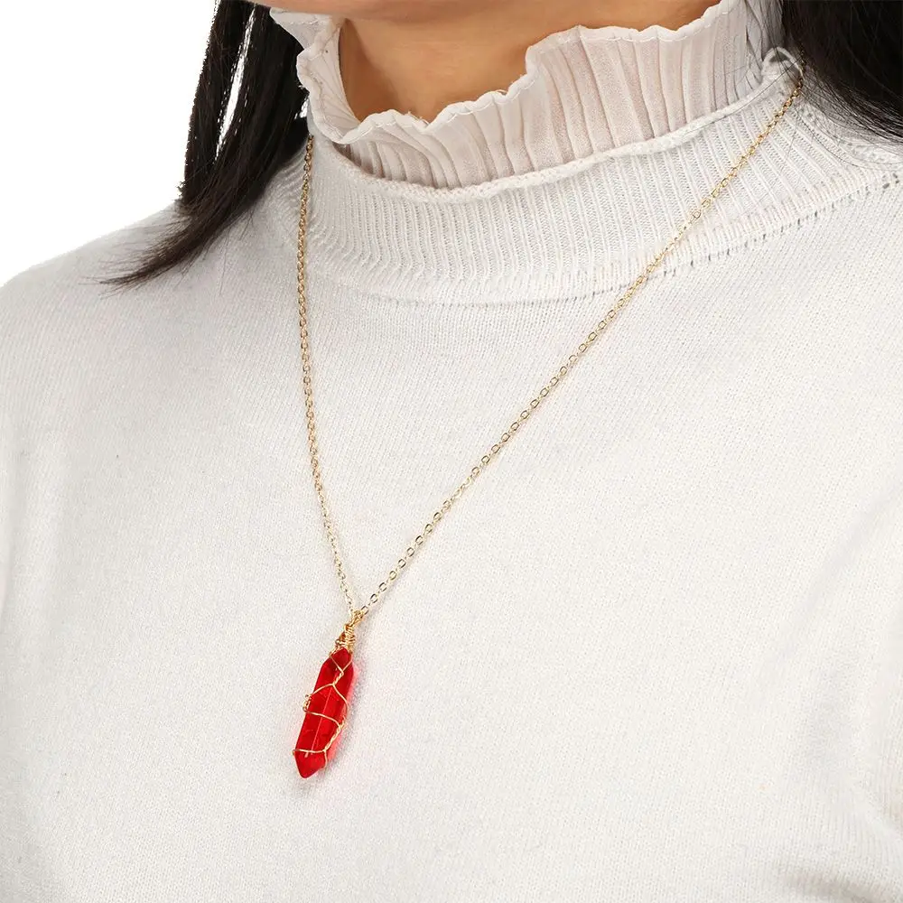 2025 Healing Stone Pendant new Hexagonal Cylindrical Crystal Necklace Wire Wrap Stone Pendant Cylindrical Carnelian Necklace