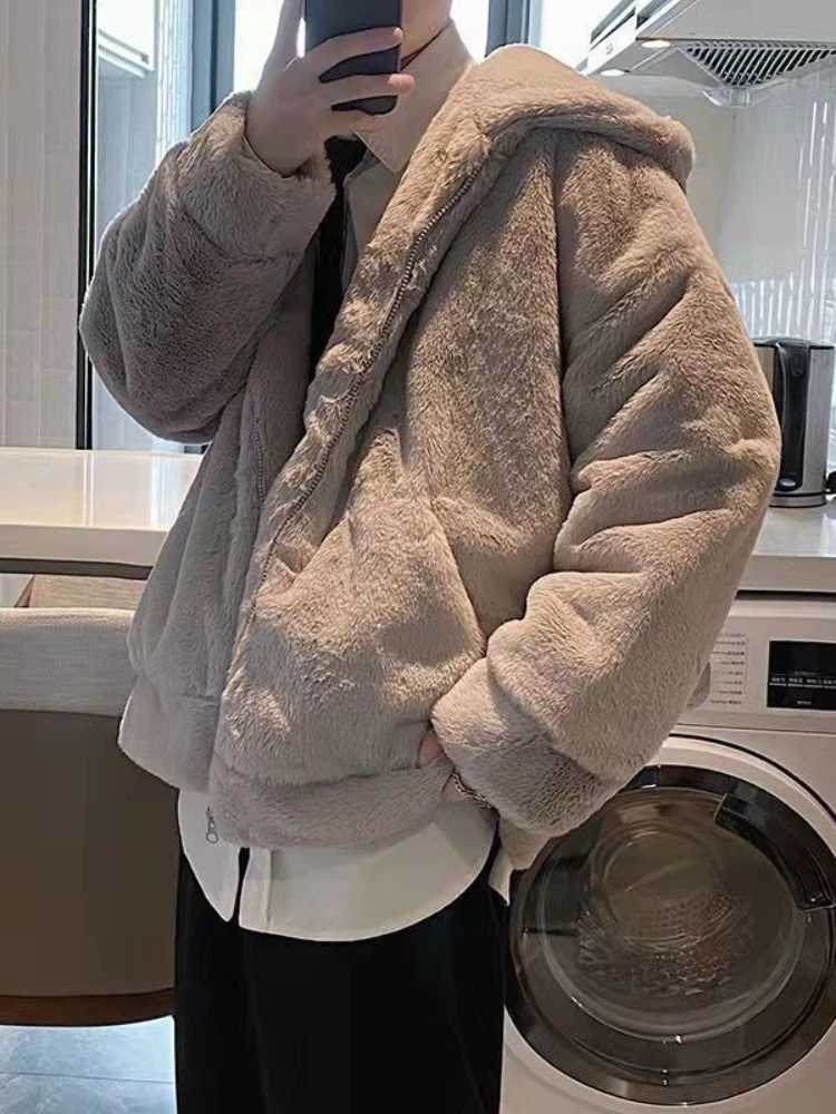 Gmiixder Winter Plush Fake Fur Coat for Mens Korean High Street Oversize Preppy Thickened Hooded Cashmere Imitation Fur JacketXJ241102