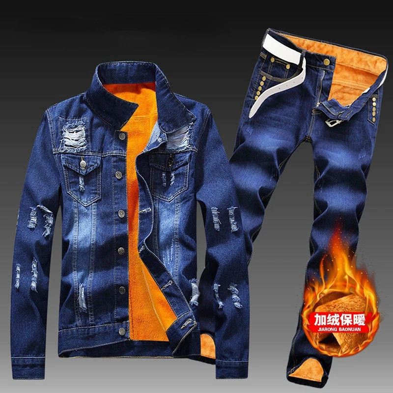 Autumn and winter mens jeans set simple blue long sleeved wool jacket and jeans two-piece casual denim set free gift 241030