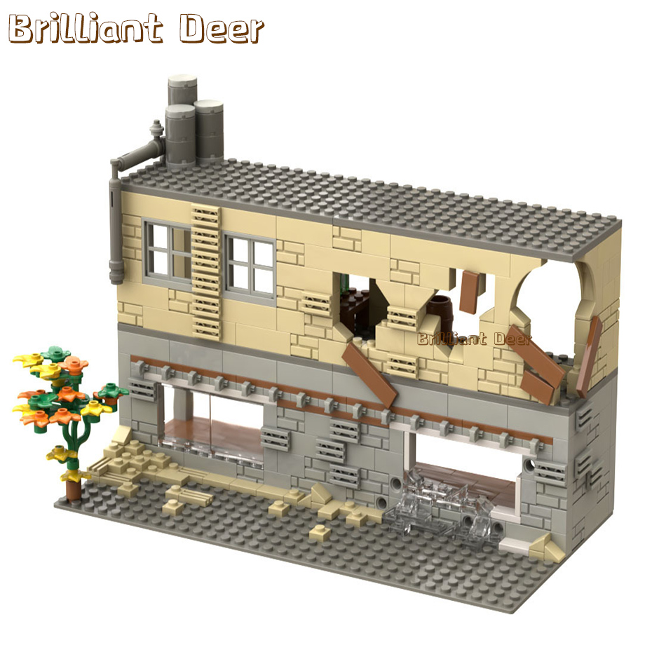 Abandoned Ruined Buildings MOC WW2 Pubg Military Base DIY Scenes Building Blocks Set Parts for Army Soldier Figures Boys Toys