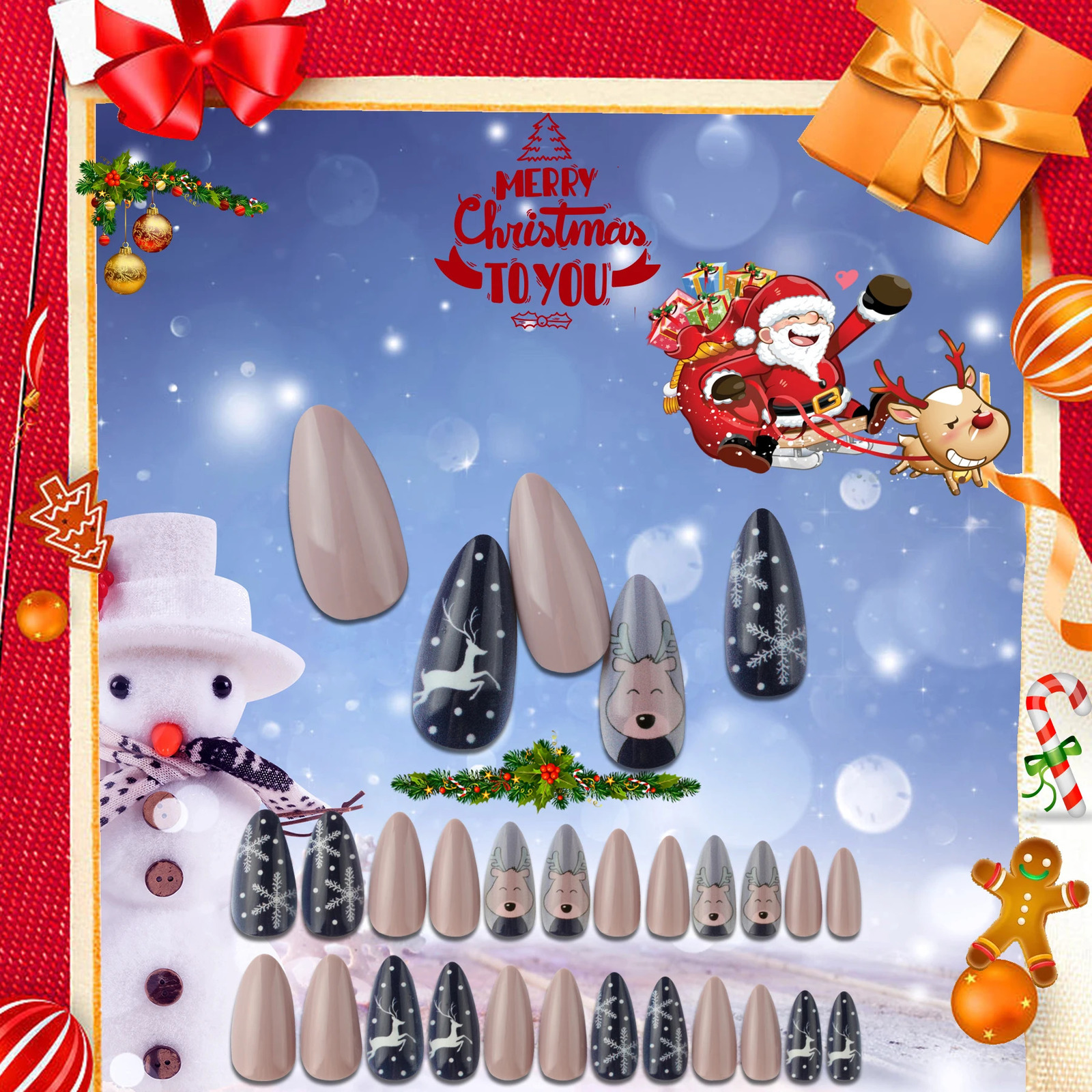 High quality factory wholesale 24pcs/box nail art fake nails and glue Christmas long almond shell fake nails 241031