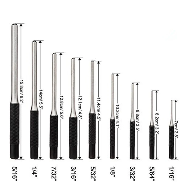 9Pcs Steel Multi Size Round Head Pins Punch Set Grip Roll Pins Punch Tool Kit Professional Hollow End Starter Punch Chisel Tools