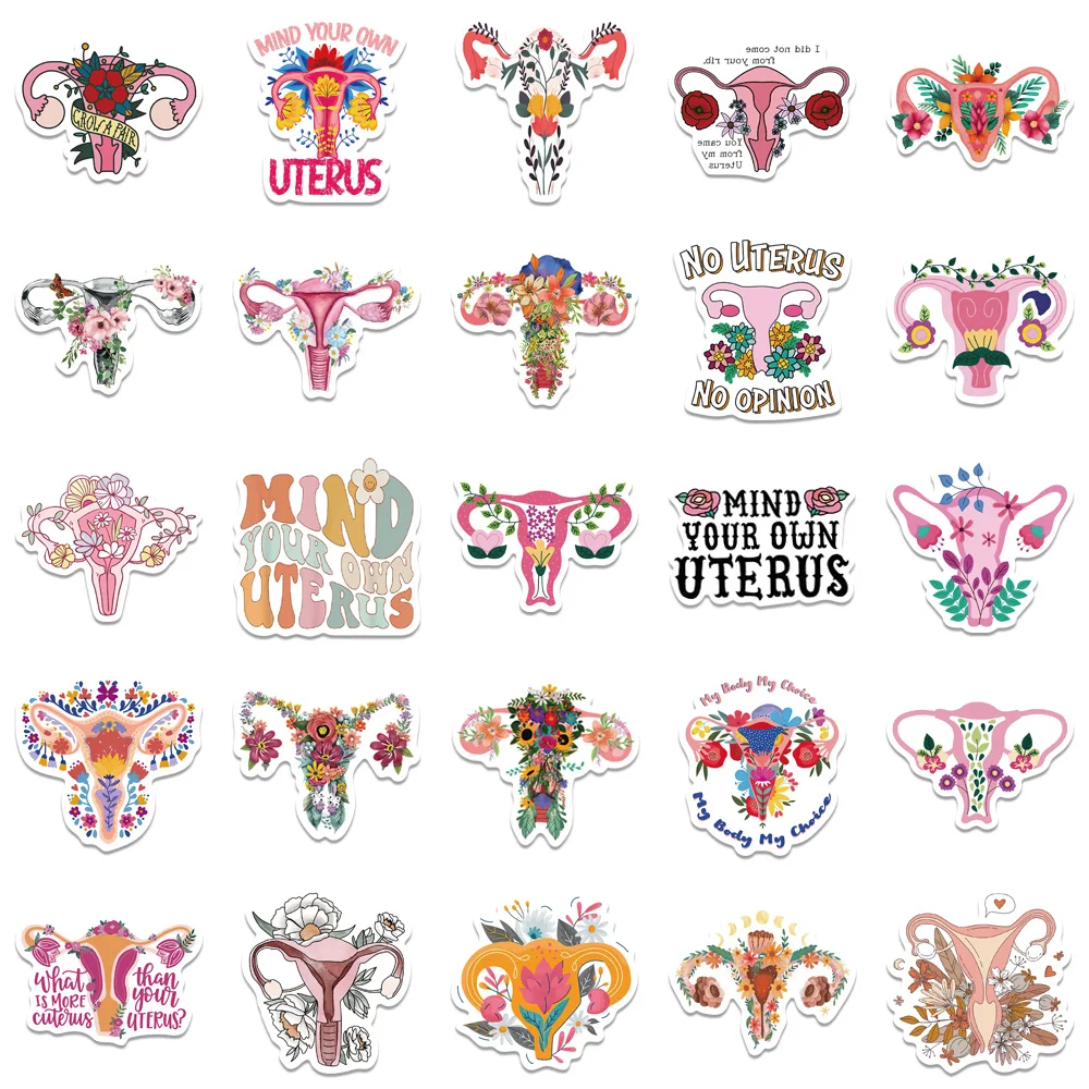 50PCS 2025 Uterus Flowers Pro Choice Stickers Womens Rights Feminist Protest Sticker for Water new Bottle Laptop Skateboard Lage