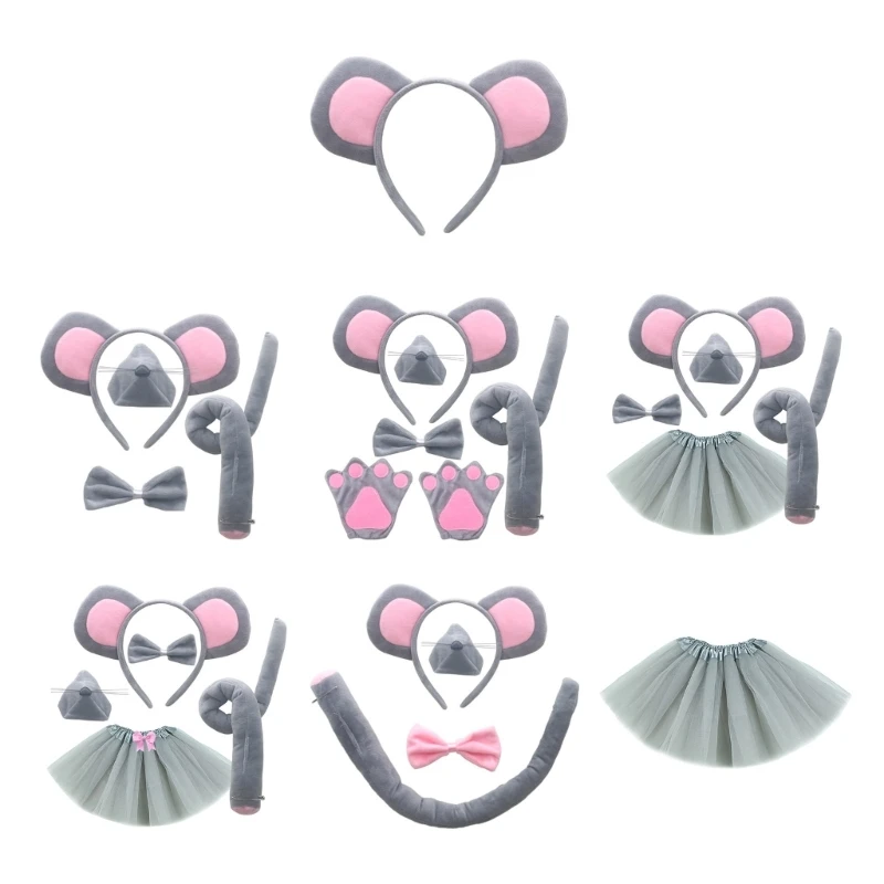 Mouse Costume Set Mouse Ears Nose Tail Bow Tie Tutu Gloves Animal Fancy-Costume Kit Accessories for Halloween Cosplay