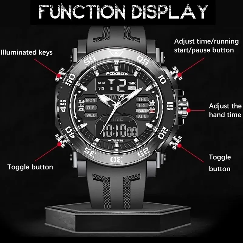 FOXBOX Digital Men Watch 50m Waterproof Wristwatch LED Quartz Clock 2025 Sport new Watch Male Big Watch Men Relogios Masculino