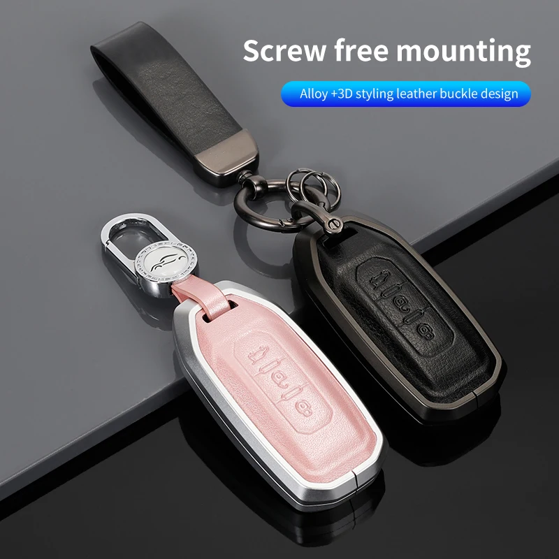 Aluminium new Alloy 2025 Leather Car Remote Key Case Holder Fob for Ford Territory EV Smart 3 Buttons Remote Key Cover Shell Keychain