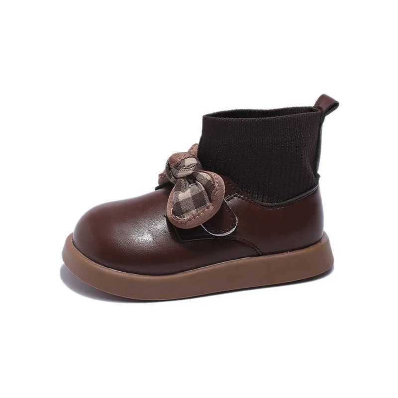 Girls Sock Boots Versatile Bow Simple Round toe Platform Childrens Fashion Casual Leather Boots Classic Hook and Loop Childrens Boots M241102