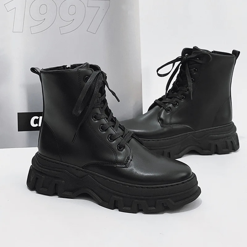 Mens leather fashion boots waterproof lace short ankle boots mens outdoor platform high top motorcycle boots 241031
