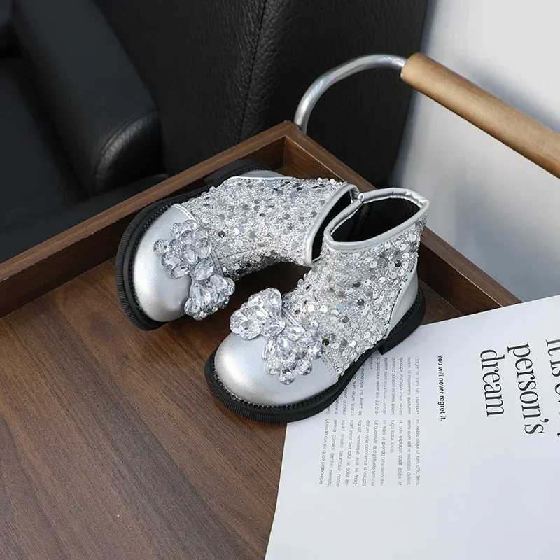 Luxury girls ankle boots with sequins elegant childrens leather boots fashionable spring and autumn childrens short princess boots new version M241102