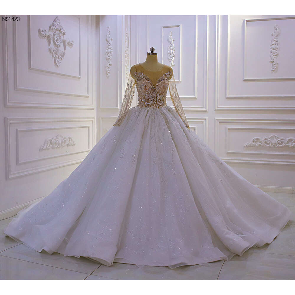Elegant Nude Top Body Long Slweve A-e Wedding Dress