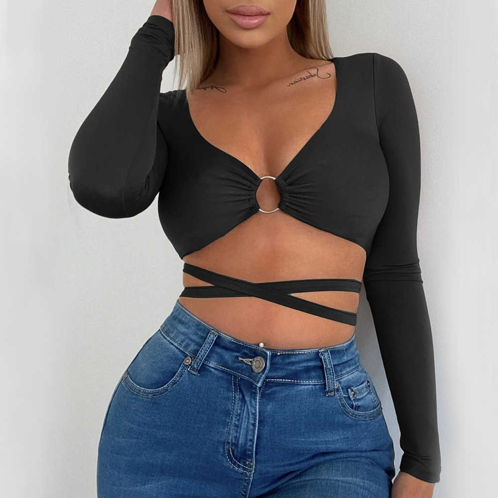 Womens Tshirt Summer Sexy Navel Revealing Womens Knits Slim Fit Solid Color Versatile Bandage Hollowed Out V-neck Long Sleeve T-shirt WoMens 241024