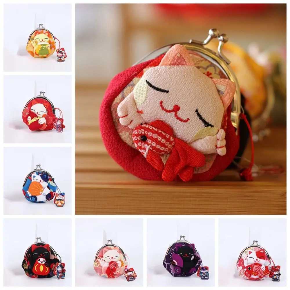 Japanese Style Maneki Neko Coin Purse Casual Wallets Flower Printing Lucky Cluh Bag Doll PU Card Holder WomenXJ241111