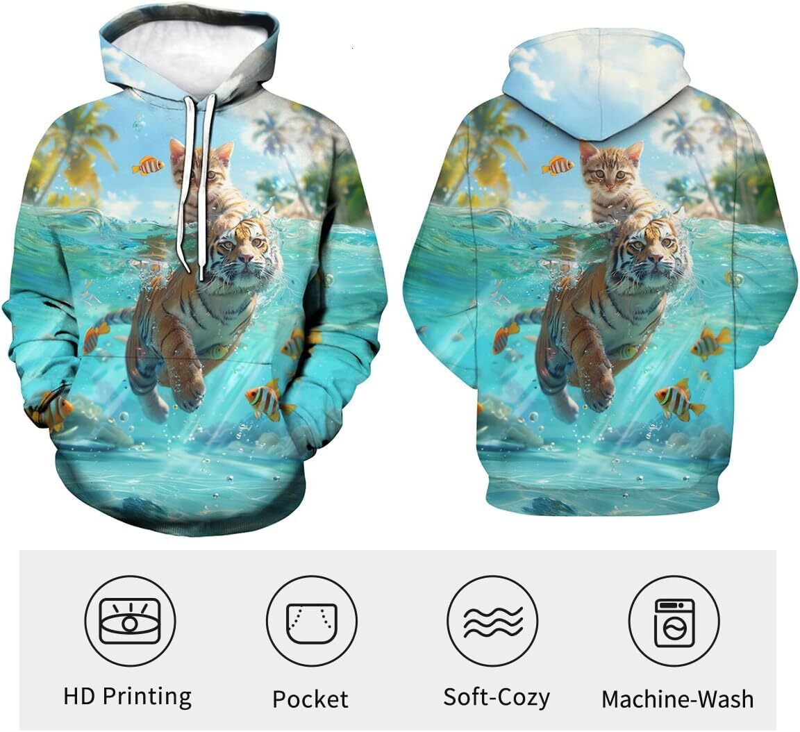 Hoodie for Mens Womens Novelty Cat Hoodie Funny Animal Graphic Sweatshirts Dreamy visual water cat riding tiger Graphic Hoodies sweatshirt Pullover Lo