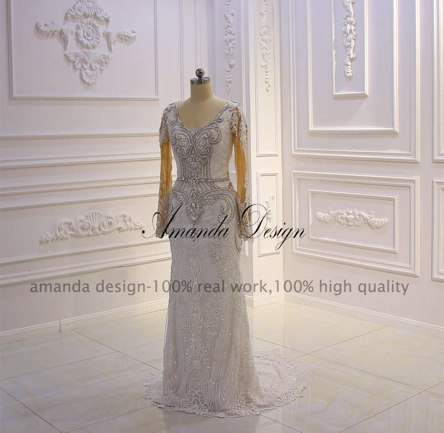 Design Amanda Robe De Mariage Sirene Long Sleeve Rhie Detachable Skirt Wedding Dress tachable
