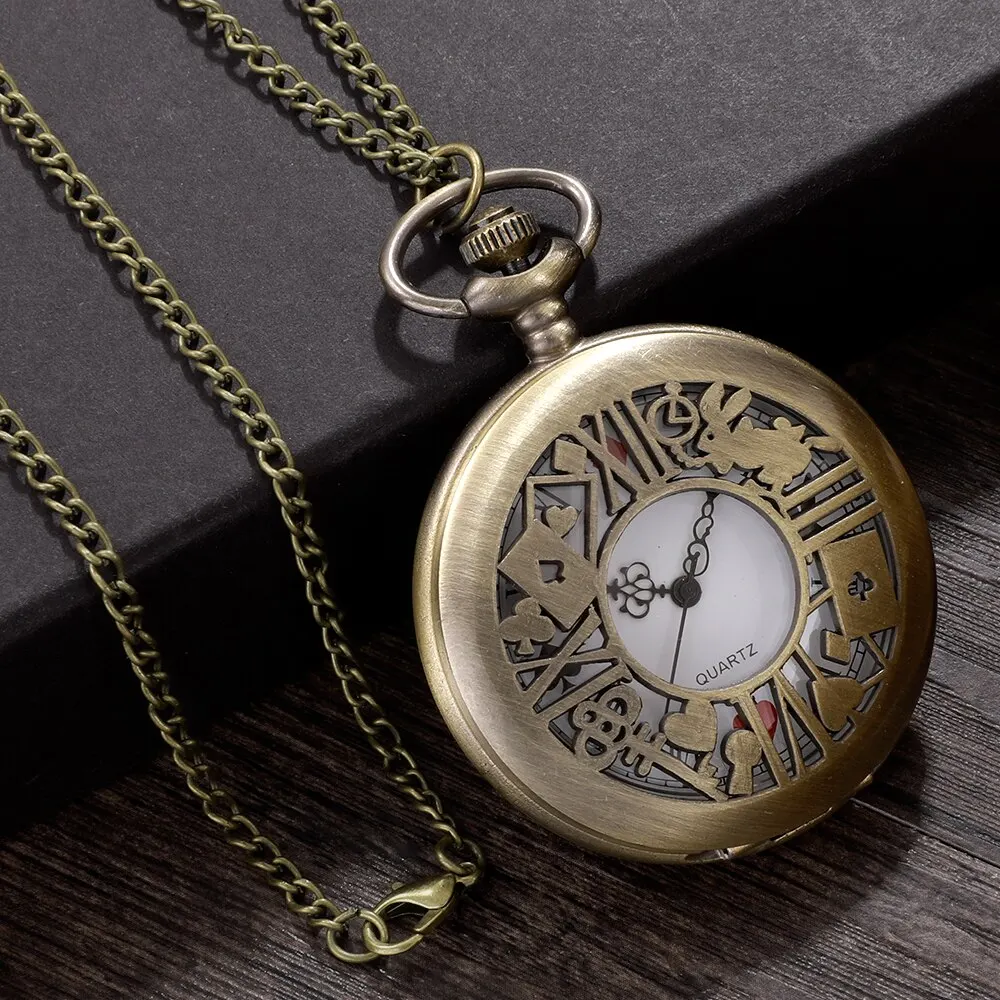 New Bronze Quartz Pocket Watch new Retro Alice Theme Pocket 2025 Fob Watch Pendant Necklace Pocket Watch Men Womens Gift