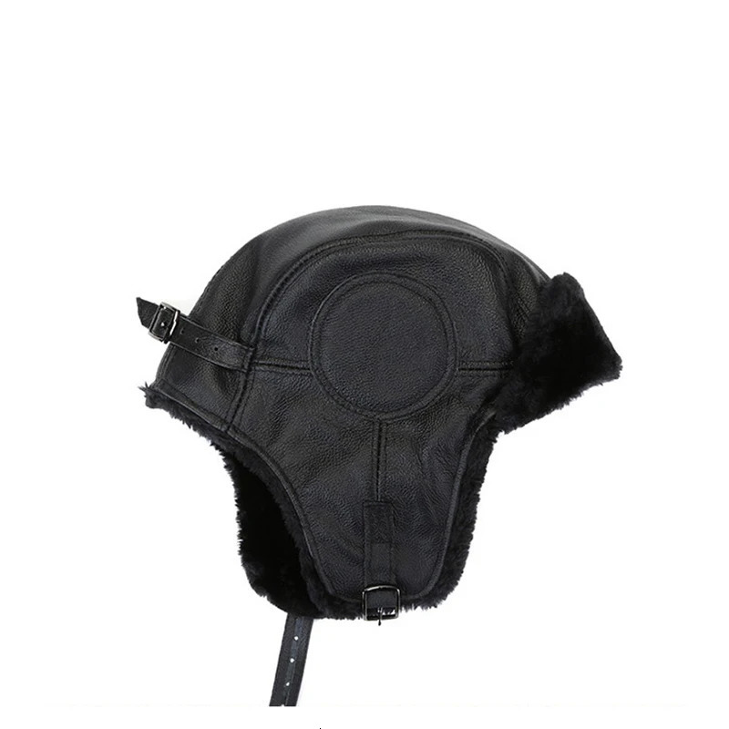 Mens winter womens Leifeng genuine leather hat pilot bomber trap hat artificial fur snow hat with ear flaps windproof and warm 241031