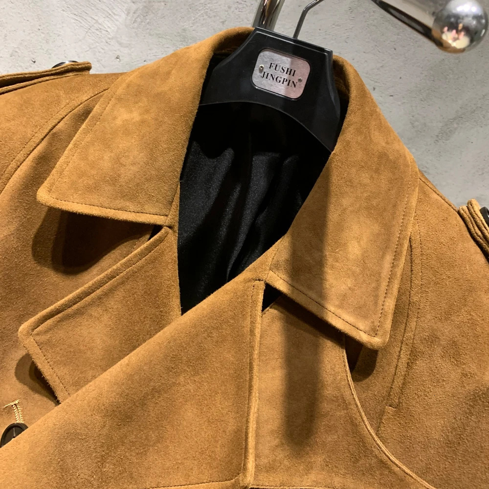 Suede leather jacket womens winter genuine sheepskin coat with wide shoulders and apron 23012 241031