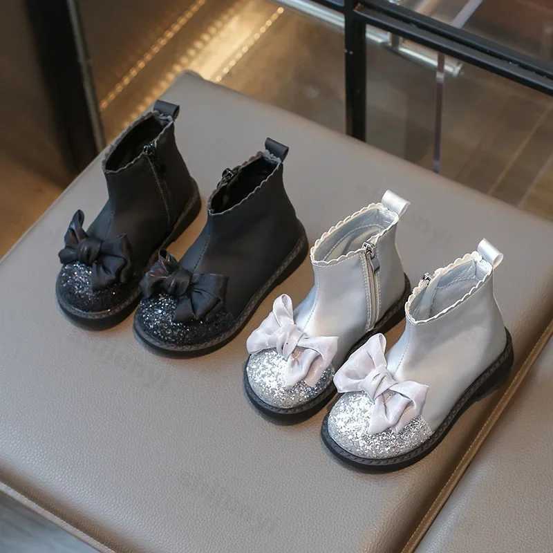 Fashion girl princess leather boots sweet bow sequins ankle boots childrens version side zipper boots anti slip childrens shoes M241102