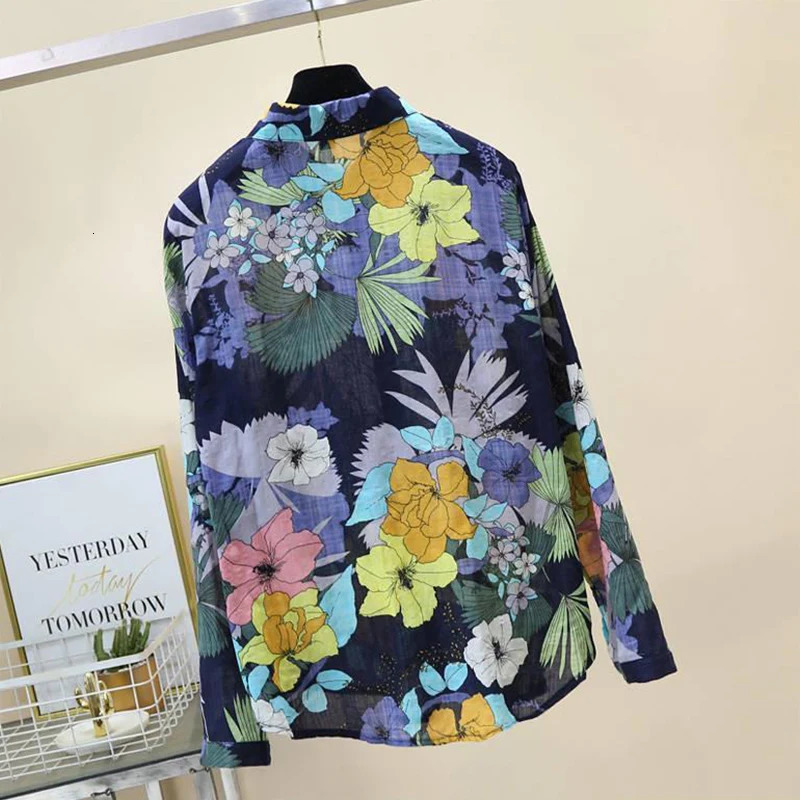 Spring Autumn Cotton Linen Casual Fashion Floral Print Shirt Ladies Loose All-match Sweet Blouse Femme Comfortable Top Women 240329