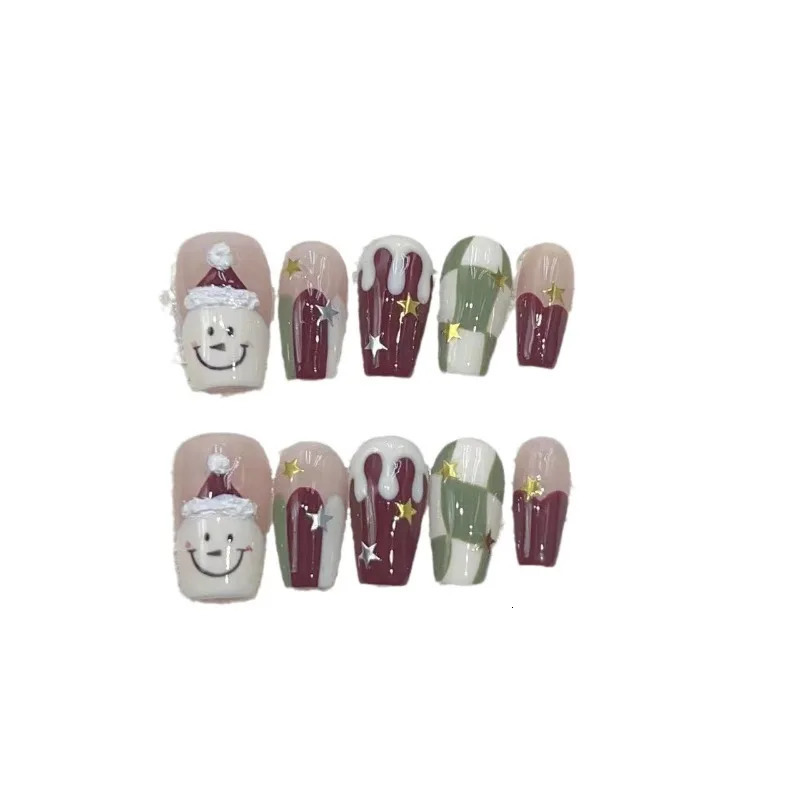 10 pieces/set of fake nails complete set of fake nails pressed on nails DIY handmade patches detachable Christmas snowman checkered star 241031